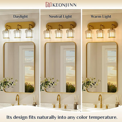 Keonjinn 5-Light Crystal Bathroom Light Fixtures Over Mirror, Gold | Vanity Lighting Fixture with Square Shades, Dimmable, Modern Style, Compatible with E26 Base LED Bulbs (Blub Not Included)