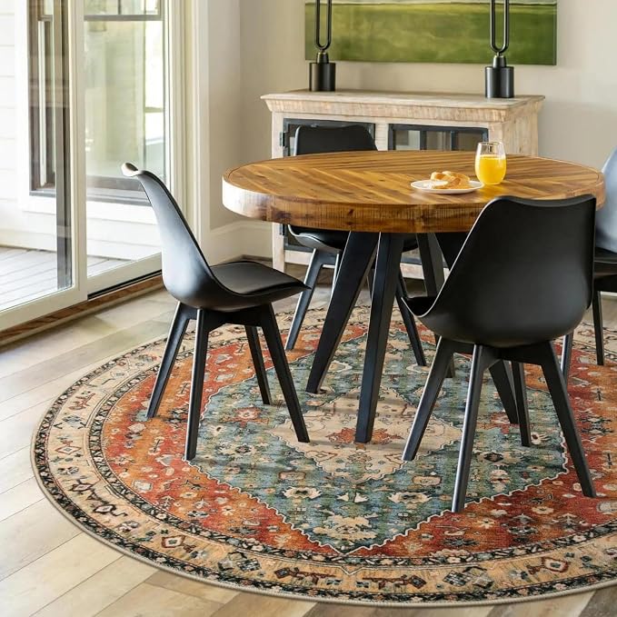 Lahome Felice Boho Tribal Round Rugs 6ft Washable Living Room Area Rug, Soft Bedroom Circle Rug, Oriental Large Indoor Floor Dining Room Carpet for Entryway Nursery (Rust/Dull Teal,6ft-Round)
