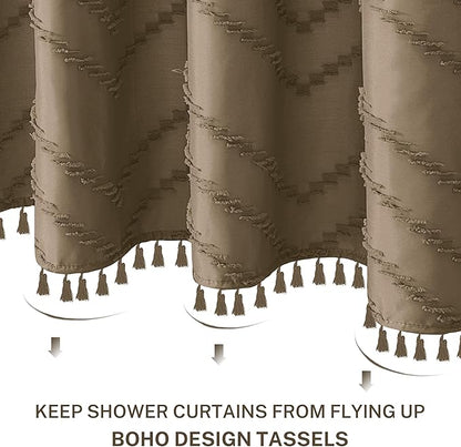 Extra Long Boho Shower Curtain, Woven Fabric 84 in Khaki, 72 x 84, Tufted Chevron Striped Modern Chic Textured Minimalist Bathroom Shower Curtain