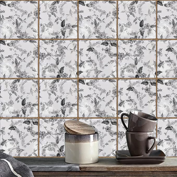 Alwayspon Vinyl Sticker Peel and Stick, Self-Adhesive Wall Tile Transfers Backsplash Sticker Decal for Kitchen Bathroom, 6x6inch/15x15cm 10Pcs, Monochrome Floral T041