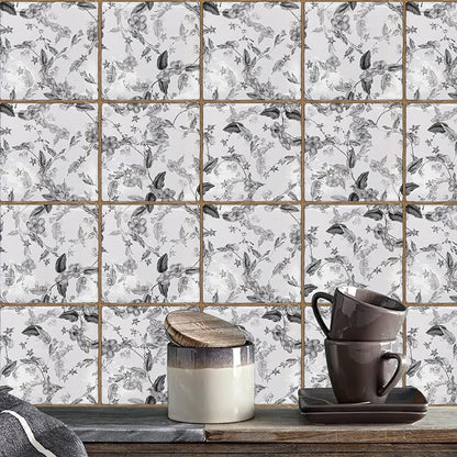 Alwayspon Vinyl Sticker Peel and Stick, Self-Adhesive Wall Tile Transfers Backsplash Sticker Decal for Kitchen Bathroom, 6x6inch/15x15cm 10Pcs, Monochrome Floral T041