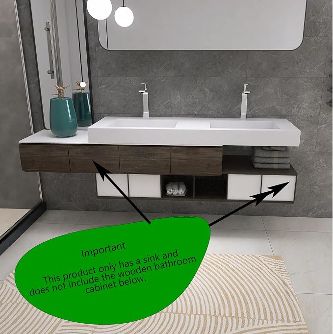 59" Wall Mount Sink Matte Bathroom Vanity Vessel Sinks Artificial Stone Rectanglee Indoor Outdoors Modern Floating or Countertop Freestanding Wall Hang Sink Bowl… (2 Faucet Holes 59'')