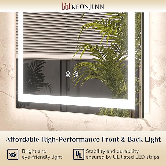 Keonjinn LED Bathroom Mirror 30 ” x 30 ” with Frontlit & Backlit, Lighted Mirror for Bathroom Wall with Dimmable 3-Color Lights, Anti-Fog Mirror with HD Tempered Glass, UL-Listed LED Driver
