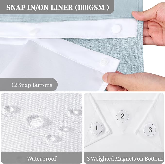 Fog Blue Ringless Linen Textured Shower Curtain with Snap Liner, 72x75 | 3 in 1 Modern Shower Curtain Set, Removable Liner, Waterproof & Washable, Mesh Top Window, Durable Fabric, Easy to Install