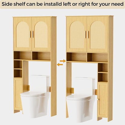 Homhedy Wooden Over The Toilet Storage Cabinet, Natural | Bathroom Organizer with Rattan Decorated Doors, Adjustable Shelves, Toilet Paper Holder, for Small Spaces
