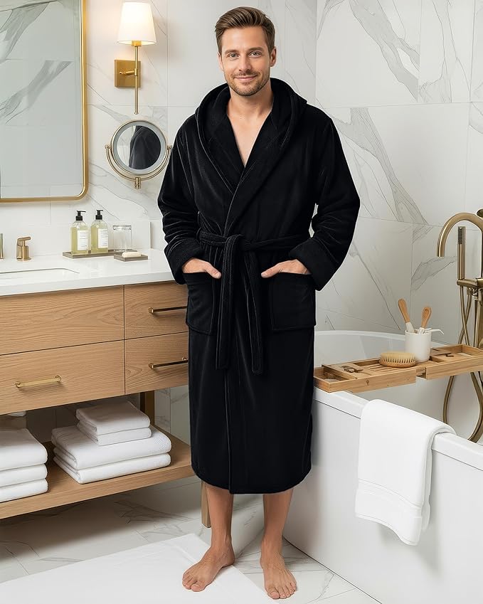 NY Threads Mens Robe with Hood, Luxury Plush Fleece Hooded Mens Bathrobe, Spa Bath Robe for Men