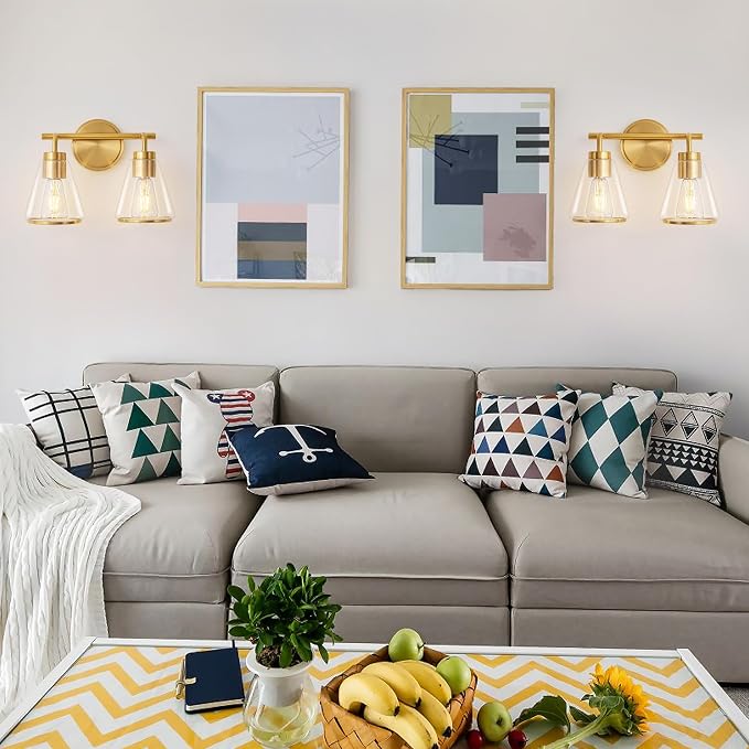 14" 2-Light Brushed Gold Modern Bathroom Vanity Light Fixtures Over Mirror | Clear Glass Shade, Heat-Resistant Ceramic E26 Socket, Wall Sconces, Rustproof, Fit 16–22 Inch Mirrors for Vanity Table