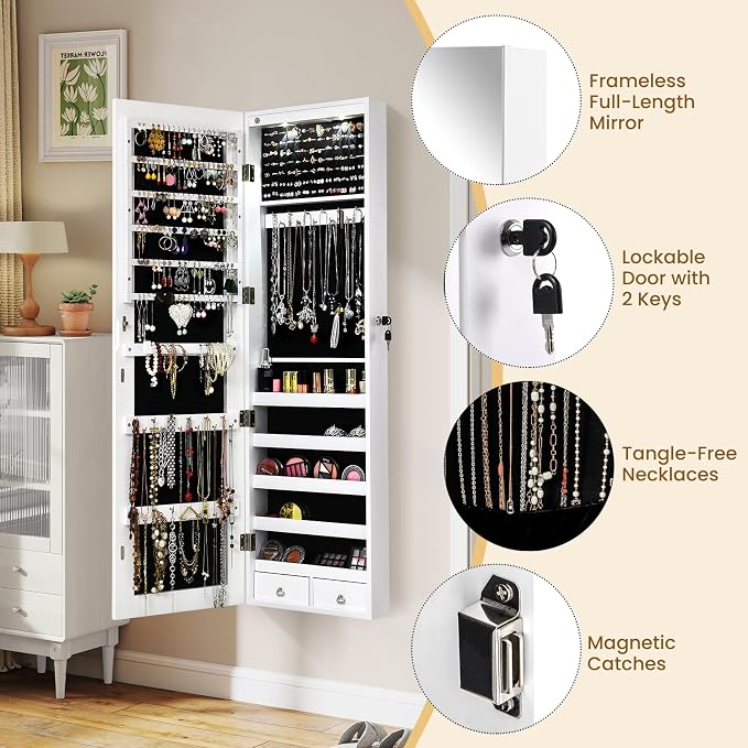 Giantex Wall Door Mounted Jewelry Armoire Cabinet with 47.5" Full Length Mirror, 2 LEDs Lockable Jewelry Organizers and Storage with 2 Drawers, Over the Door Jewelry Organizer Cabinet (White)