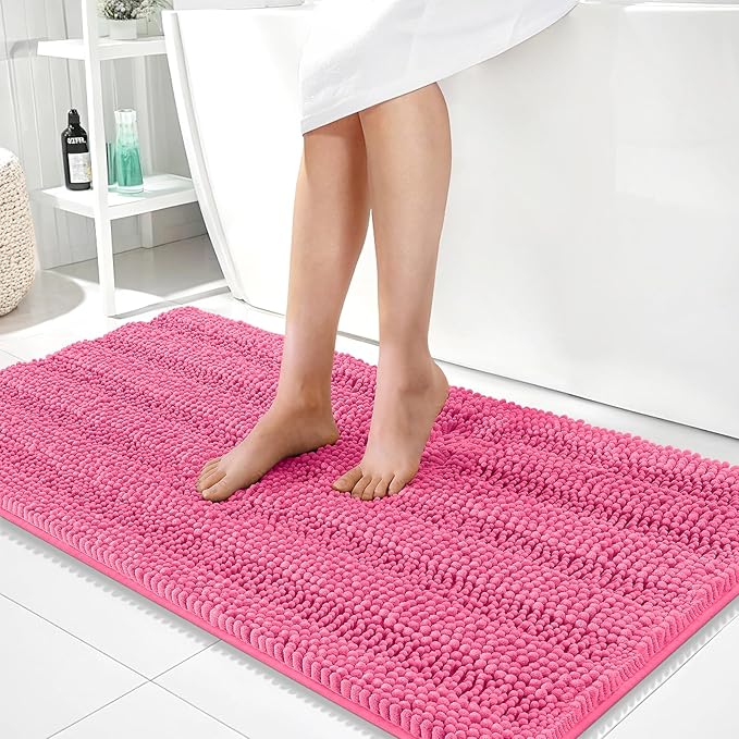 OLANLY Thick Bathroom Runner Rugs 44x24, Soft Chenille Bath Rugs, Hot Pink | Absorbent Striped, Rubber Backing, Machine Wash, Long Bath Mats for Bathroom Floor, Tub and Shower, Home Decor Accessories
