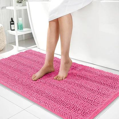 OLANLY Thick Bathroom Runner Rugs 44x24, Soft Chenille Bath Rugs, Hot Pink | Absorbent Striped, Rubber Backing, Machine Wash, Long Bath Mats for Bathroom Floor, Tub and Shower, Home Decor Accessories