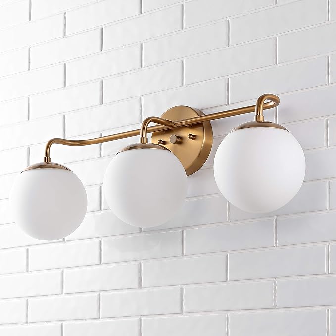 JONATHAN Y 25" Brass Gold Modern Globe Wall Sconce Vanity Light for Bathroom, White Frosted Glass Shade, Midcentury Parisian Bistro Wall Lamp, LED Bulb Included (JYL3536A)