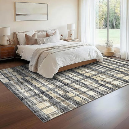 Washable Rugs 9 x 12 Rug for Living Room Farmhouse Rug for Bedroom Large Area Rug Plaid Non Slip Carpet Throw Rugs for Dining Room Stain Resistant Office Classroom, Blue/Beige
