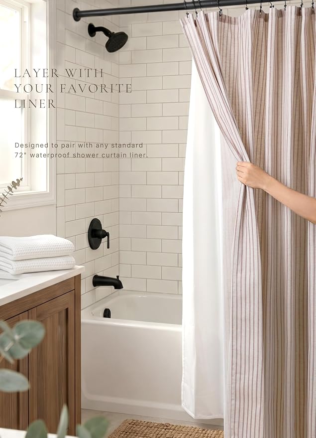 Farmhouse Striped Shower Curtain - 72x72 Inches, Linen Blend Fabric, Breathable & Machine Washable, Rustic Rust for Bathroom Decor (Hooks/Liner Not Included)