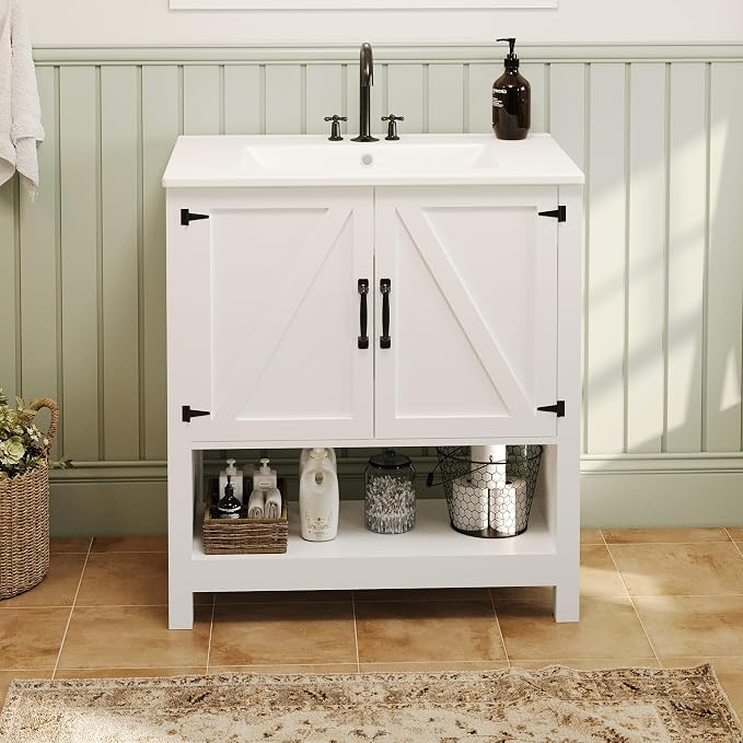 30 Inch Bathroom Vanity with Sink, Pedestal Sink Storage Cabinet with 2 Doors & LED Light, Mid-Century Modern Bathroom Vanity with Open Bottom Shelf, White