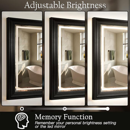 ROLOVE 24x35 Inch Antique Rectangle Wall Mirror with Lights, Ornate Waterproof Frame, Vintage Mirror for Over Sink with Anti-Fog, Plug-in/Hardwired, Shatterproof Glass, Baroque Mirror for Wall Decor