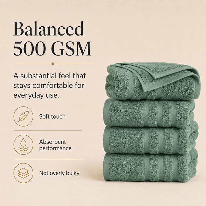 Velqora Bath Towels, 4 Pack, 30x60 in, 100% Cotton, Soft, Sage Green | Absorbent Terry | Balanced Weight | Easy Care