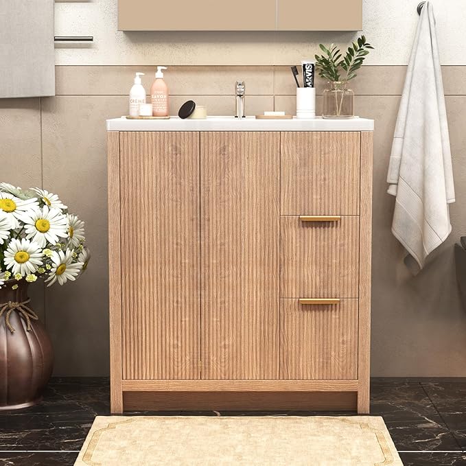 31.5'' Bathroom Vanity with Ceramic Single Sink Combo, Small Freestanding Bathroom Storage Vanity Cabinet with Drawer & Cabinet, Metal Handle, Natural Wood Color