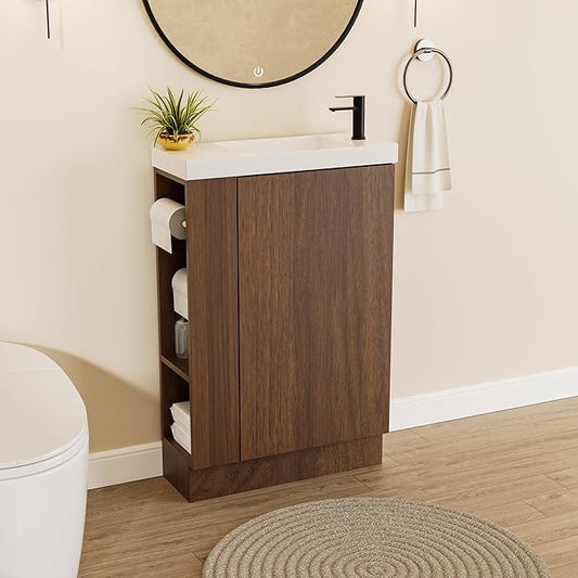 20" Small Bathroom Vanity with Sink Narrow Depth Bathroom Vanities,Wood Vanity Cabinet,Soft Closing Door,Adjustable Shelves,Modern Wall Decor,Walnut