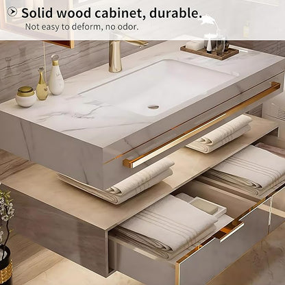 Bathroom Vanity with Sink - Single/Double Sink Bathroom Vanity & LED Fog Removal Mirror Cabinet, Modern Design, Wall-Mounted Floating Vanity (Double Sink, 64")