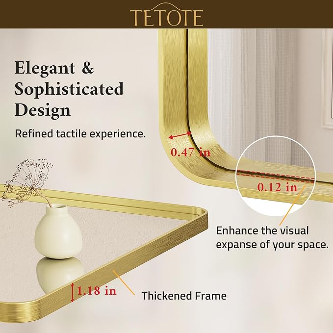 55 x 30 Inch Bathroom Mirror, Brushed Gold Metal Framed Wall Mounted Mirrors, Brushed Brass Rectangle Modern Decorative Vanity Mirror (Horizontal/Vertical)