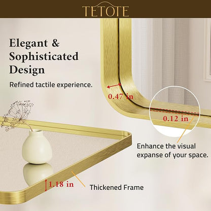 16 x 24 Inch Brushed Gold Frame Mirror, Brass Gold Bathroom Vanity Mirror for Wall, 2 Inch Thick Modern Round Corner Rectangle Framed Mirror (Horizontal/Vertical)