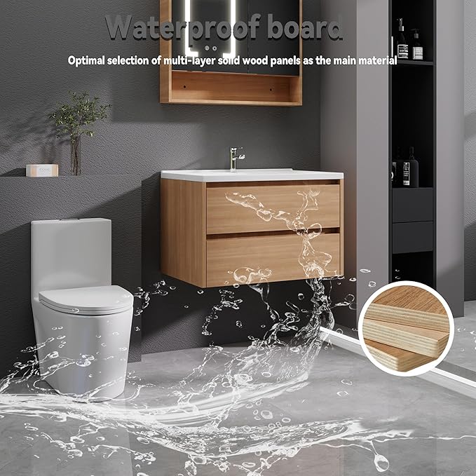 Wood Grain Floating Bathroom Vanity with Sink, 31x18 Inch Wall Mounted Bathroom Cabinet with 2 Drawers, Modern Single Sink Vanity for Small Bathroom, Space-Saving Storage Cabinet