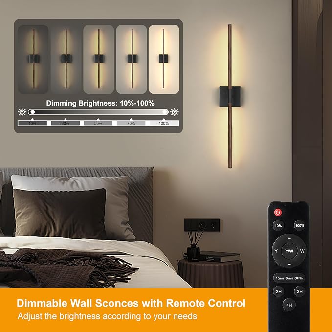 Morauroral Walnut Black Battery Operated Wall Sconces with Remote Control, Rechargeable Wall Sconces Set of 2, LED Sconces Wall Lighting, Wireless Wall Lights for Bedroom, Living Room, Background Wall