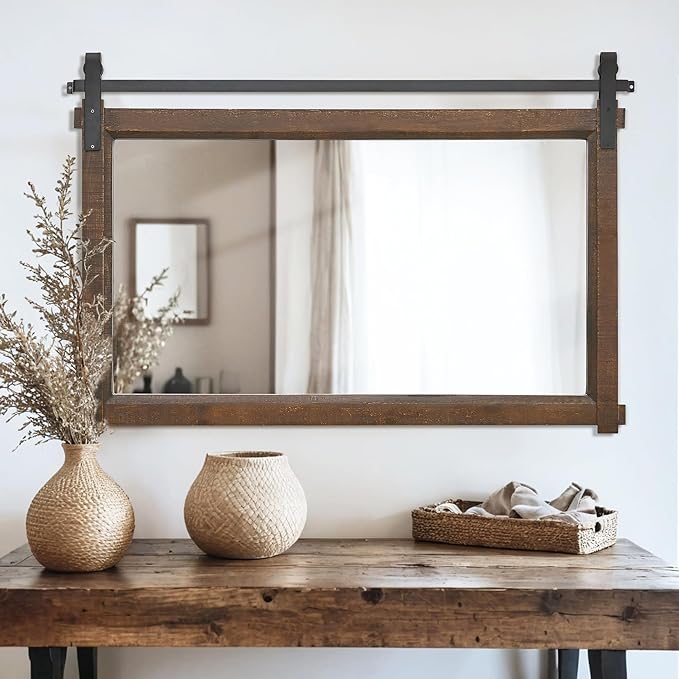 Besdomus Large Bathroom Rustic Mirror: 42"x28" Brown Barn Door Farmhouse Solid Cedar Wood Frame - Wall Mounted Mirror for Hallway/Fireplace/Bathroom Refresh- Modern Rustic Decor for Fashion-Conscious
