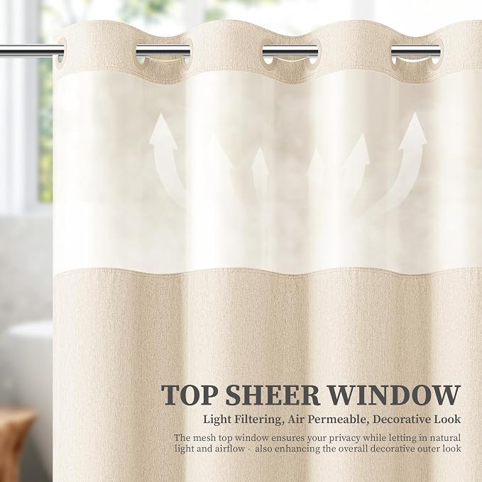 Cream Ringless Linen Textured Shower Curtain with Snap in Liner, 72x75 | 3 in 1 Hotel Shower Curtain Set, Removable Liner, Waterproof & Washable, Mesh Top Window, Durable Fabric, Easy to Install