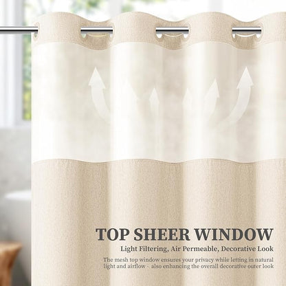 Cream Ringless Linen Textured Shower Curtain with Snap in Liner, 72x75 | 3 in 1 Hotel Shower Curtain Set, Removable Liner, Waterproof & Washable, Mesh Top Window, Durable Fabric, Easy to Install