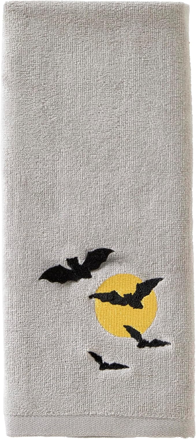 SKL Home Halloween Full Moon Flight Hand Towel Set-2pc, 100% Cotton, Gray | Soft, embroidered velour with 3D applique. Great for the bathroom, kitchen or bar & holiday gifting.