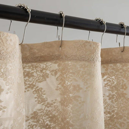Beige Shower Curtain 72x72, Cottage Core Lace with Attached Valance | Cottage Core Shower Curtain with Scalloped, Floral lace Details, Soft Light, Antique Vintage and Boho Bathroom Decor