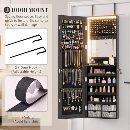 Vlsrka 47.2" Jewelry Armoire Organizer, Wall/Door Mounted Jewelry Cabinet | Built-in LED Mirror, Large Lockable Hanging Full Length Mirror with Jewelry Storage, 4 Drawers, 5 Shelves for Women, Black