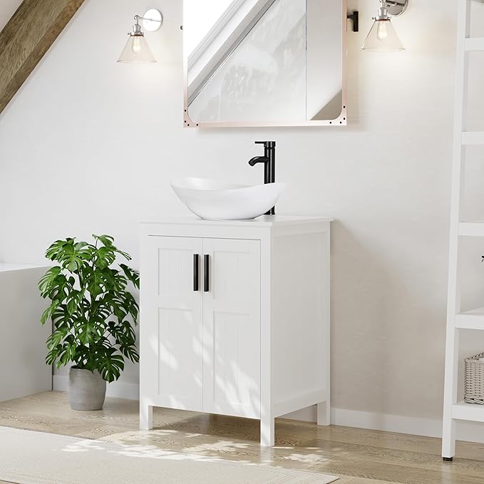 UEV White 24" Bathroom Vanity with Sink Combo,Modern Vanity with Vessel Sink,Stylish Bathroom Vanity Cabinet,Grooved Doors & Metal Handles,Modern White Boat Vessel Sink(T44)