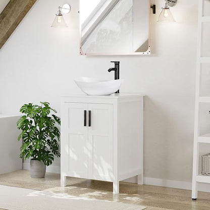 UEV White 24" Bathroom Vanity with Sink Combo,Modern Vanity with Vessel Sink,Stylish Bathroom Vanity Cabinet,Grooved Doors & Metal Handles,Modern White Boat Vessel Sink(T44)