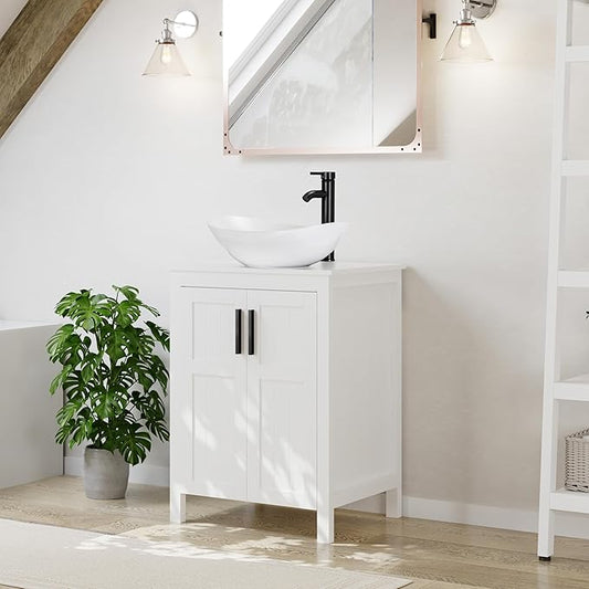 UEV White 24" Bathroom Vanity with Sink Combo,Modern Vanity with Vessel Sink,Stylish Bathroom Vanity Cabinet,Grooved Doors & Metal Handles,Modern White Boat Vessel Sink(T44)