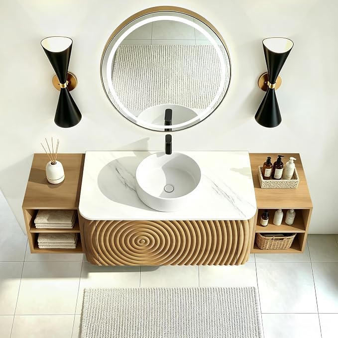 60" Floating Bathroom Vanity with Sink, Mid-Century Wall Mounted Bathroom Vanity Cabinet with Wood Waved Decor,Ceramic Vessel Basin and Sintered Stone Top, Soft Close Drawer, 2 Side Open Cube