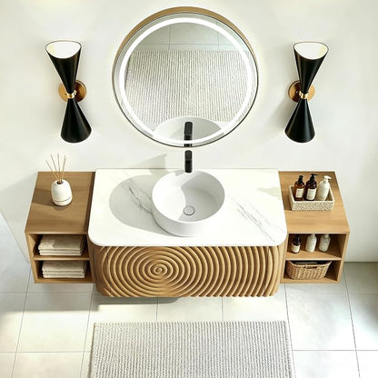 60" Floating Bathroom Vanity with Sink, Mid-Century Wall Mounted Bathroom Vanity Cabinet with Wood Waved Decor,Ceramic Vessel Basin and Sintered Stone Top, Soft Close Drawer, 2 Side Open Cube