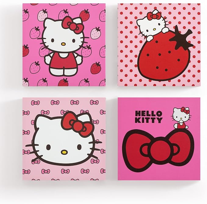 Sanrio Hello Kitty Strawberry and Bow Canvas Wall Art 4 Piece Set for Room Décor,12"x12"