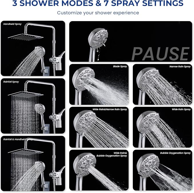 Upgraded Dual Shower Heads Combo, 10 inch Filtered Shower Head with Handheld, 3-Way Rain Shower Head with Filters, 7 Settings Handheld Spray, High Pressure, Height Adjustable (Silver)