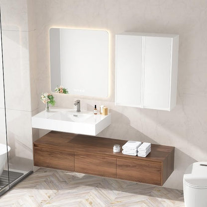 60 Inch Floating Bathroom Vanity with Single Sink, Modern Wall-Mounted Bathroom Cabinet with Resin Sink & Soft Close Drawers & Side Cabinets, Split-Level Layout (Walnut, 60"+2 Side cabinets)