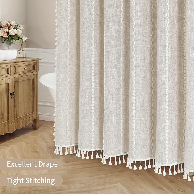 Boho Farmhouse Tassel Linen Shower Curtain,3D Embroidery Stripe Cream,72x96 | Extra Long Xl,310GSM Texture Heavy Duty Cloth,Water Repellent,Wrinkle Resistant,Vintage Farmhouse Rustic,12 Plastic Hooks