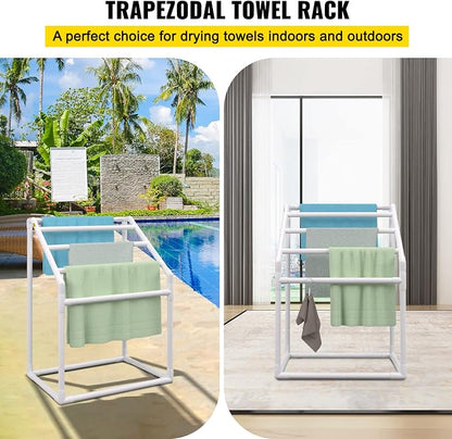 VEVOR Pool Towel Rack, 5 Bar, White, Freestanding Outdoor PVC Trapedozal Poolside Storage Organizer, Include 8 Towel Clips, Mesh Bag, Hook, Also Stores Floats and Paddles, for Beach, Swimming Pool