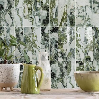 Vamos Tile Peel and Stick Backsplash, Glossy 40-Piece 3''x12'' Subway Tile | Ice Green with White Grout Wall Tile,PVC Faux Stone Stick on Subway Tiles for Kitchen,Bathroom,Laundry,Camper,Fireplace