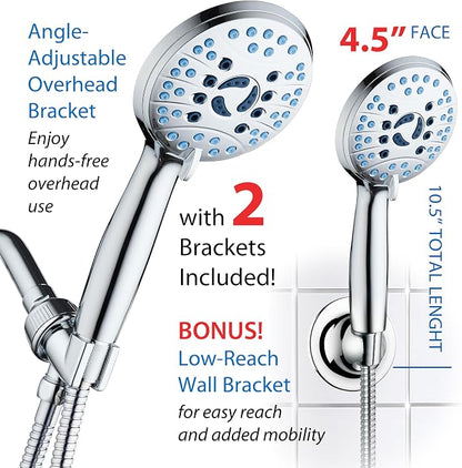 AquaCare 8-mode High Pressure Handheld Shower Head with 2-mode Power Wash | Stay Clean Nozzles, Dual Power Wash for Tub, Tile & Pets, Long 6 ft. Stainless Steel Hose, Wall & Overhead Brackets / Chrome