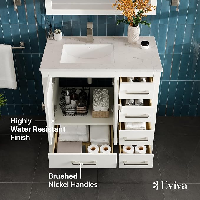 London 36 Inch Bathroom Vanity With Sink - White Single Sink Bathroom Vanity - 36 In Bathroom Vanities & Stylish Bathroom Sink Cabinet With Quartz Countertop & Porcelain Sink For Optimal Storage