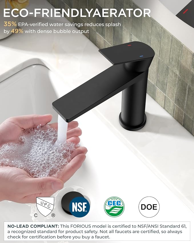 FORIOUS Black Bathroom Faucet 1 Hole, Commercial Bathroom Sink Faucets | Single Hole Bathroom Sink Faucet Matte Black, Single Handle Rv Faucet Bathroom for Sink with Deck Plate and Pop Up Drain