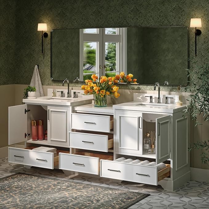 ARIEL Stafford 84-inch Bathroom Vanity with Sink,Solid Wood, 1.5in Pure White Quartz Countertop & Backsplash, Double Rectangular Porcelain Sink, 4 Soft Closing Doors, 5 Dovetail Drawers, White