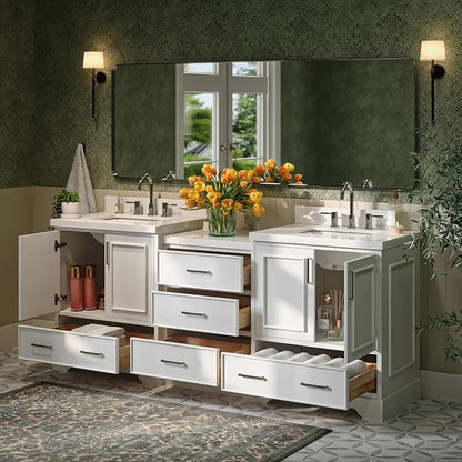 ARIEL Stafford 84-inch Bathroom Vanity with Sink,Solid Wood, 1.5in Pure White Quartz Countertop & Backsplash, Double Rectangular Porcelain Sink, 4 Soft Closing Doors, 5 Dovetail Drawers, White