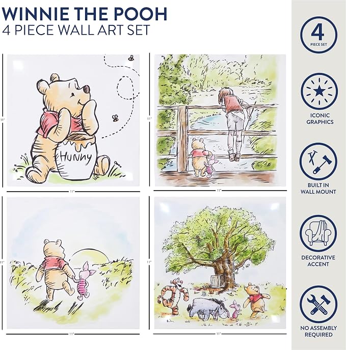 Disney Winnie the Pooh LED Canvas Wall Art,4-Pack Kids Room Decor,Light-Up Wall Hangings, Each 11"x11",Nursery & Bedroom Decoration Set